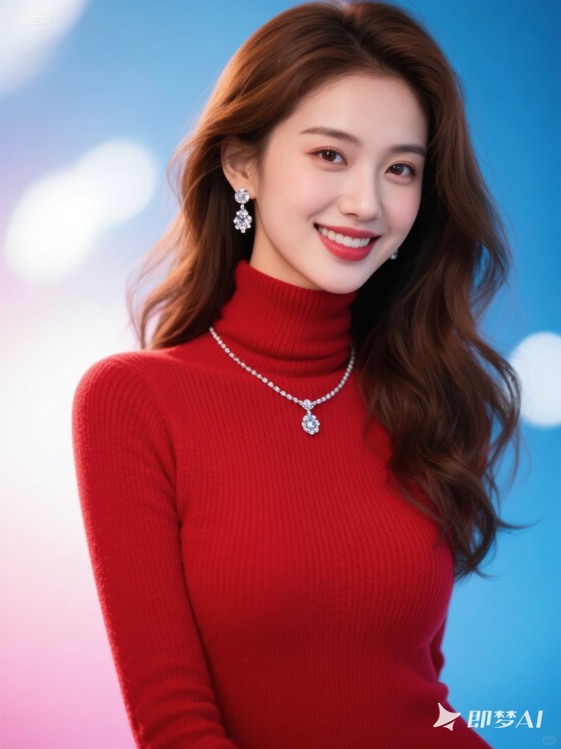 性感美女身着红色高领羊毛衫,紧贴身形勾勒出曼妙曲线