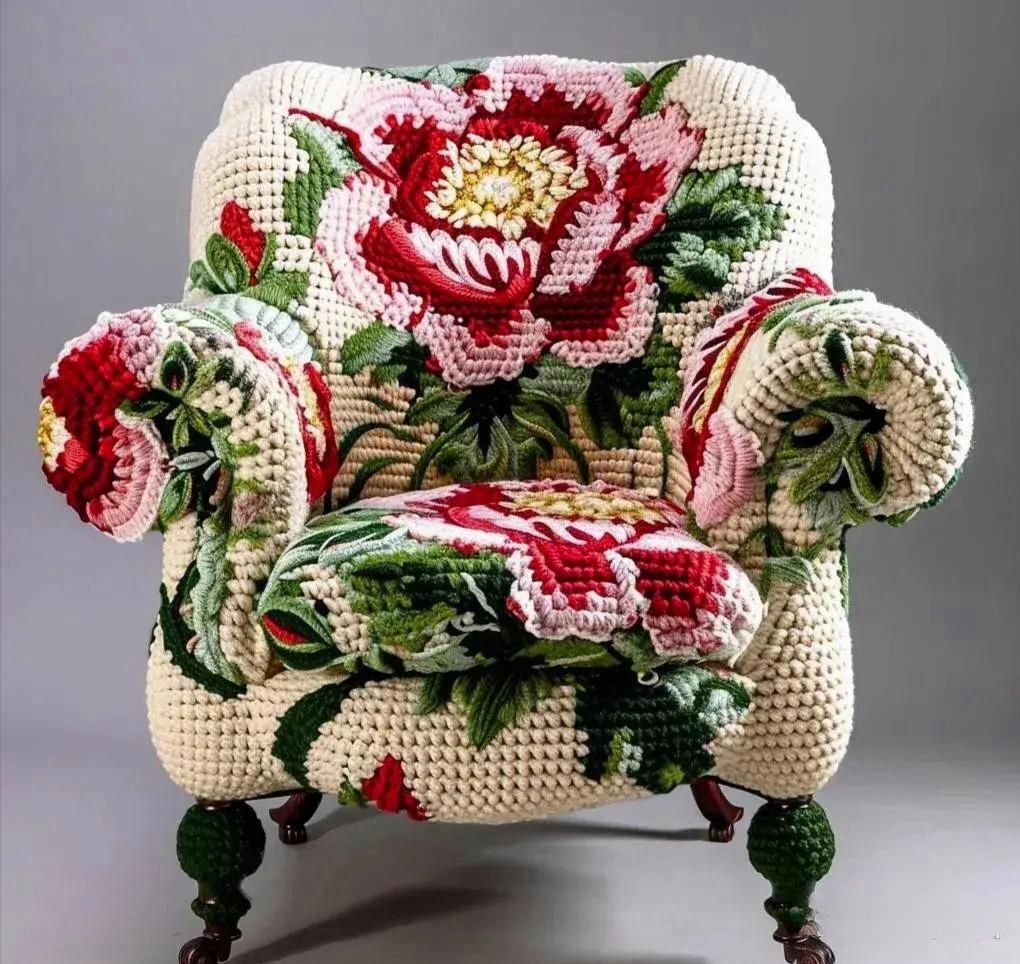 那几张沙发被钩织的图片美得让人惊叹,那巧手编织出的美丽花朵熠熠如
