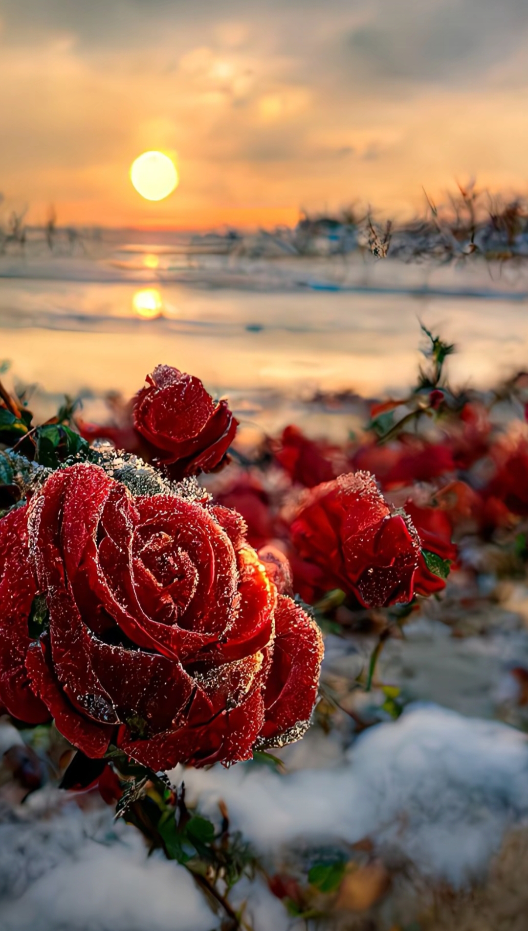 冬日浪漫邂逅,红玫瑰与白雪的绝美交织  夕阳余晖下,一丛红玫瑰被白雪