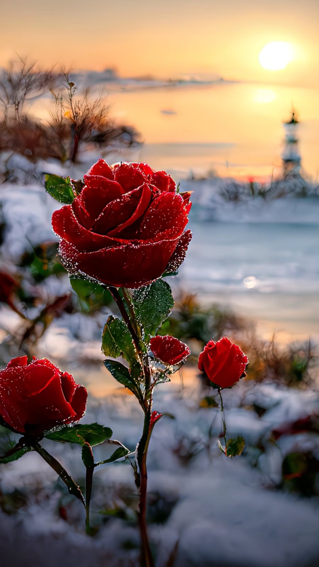7615夕阳余晖下,一丛红玫瑰被白雪轻轻覆盖,宛如冬日的恋歌在
