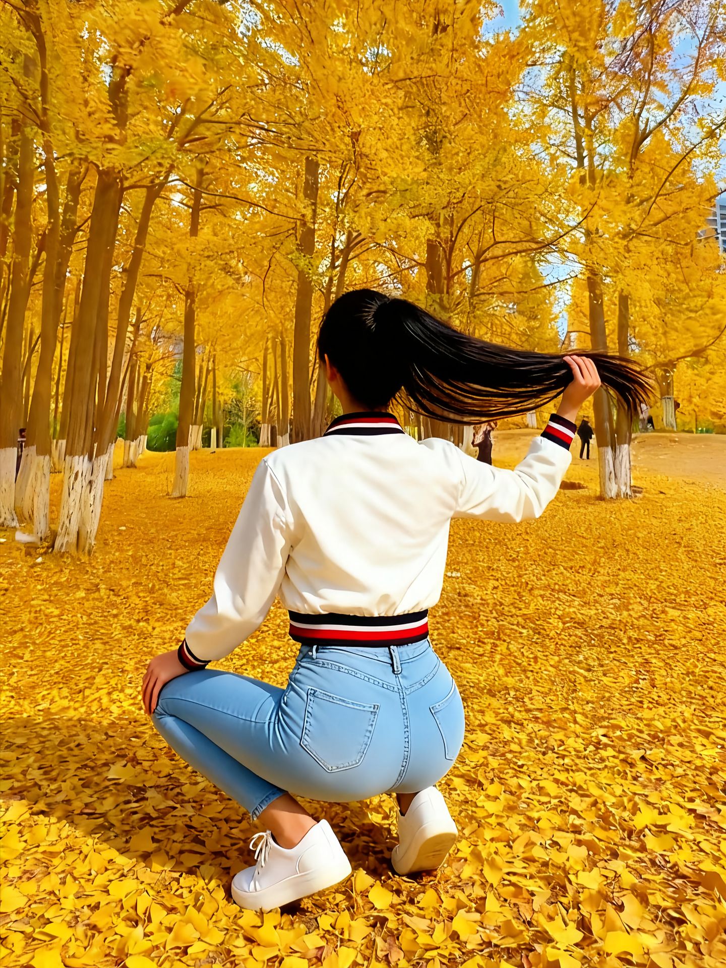 秋天公园里银杏叶铺满了地面女孩坐在石头上伸出手想要一片金黄的