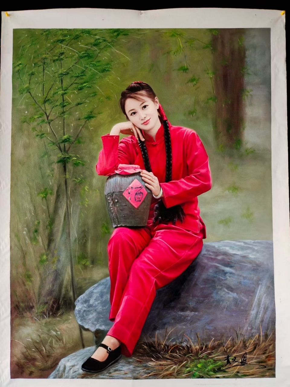 高档油画!现代画家黄天恩手绘真迹《女儿红》尺寸:长1.2米宽0.9米!