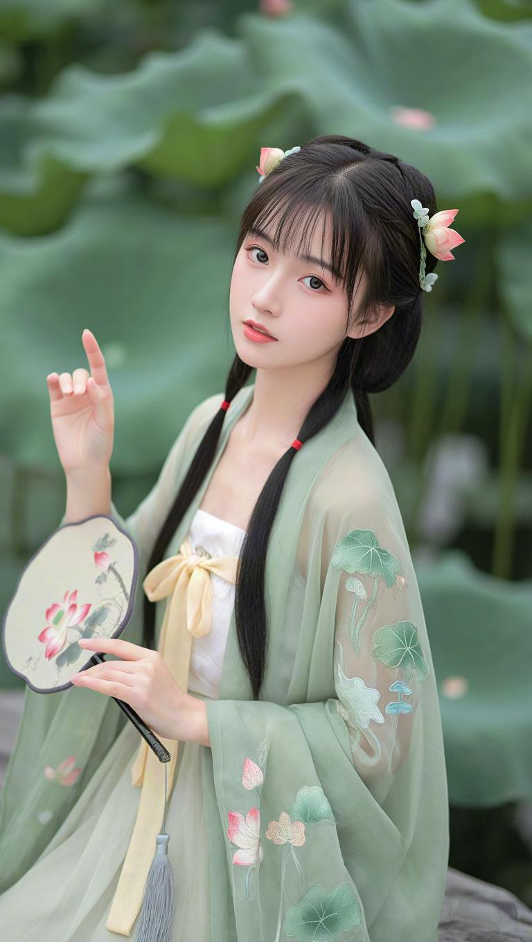 画面中的女子身着一袭淡绿色的汉服,衣袂飘飘,宛如从古代穿越而来