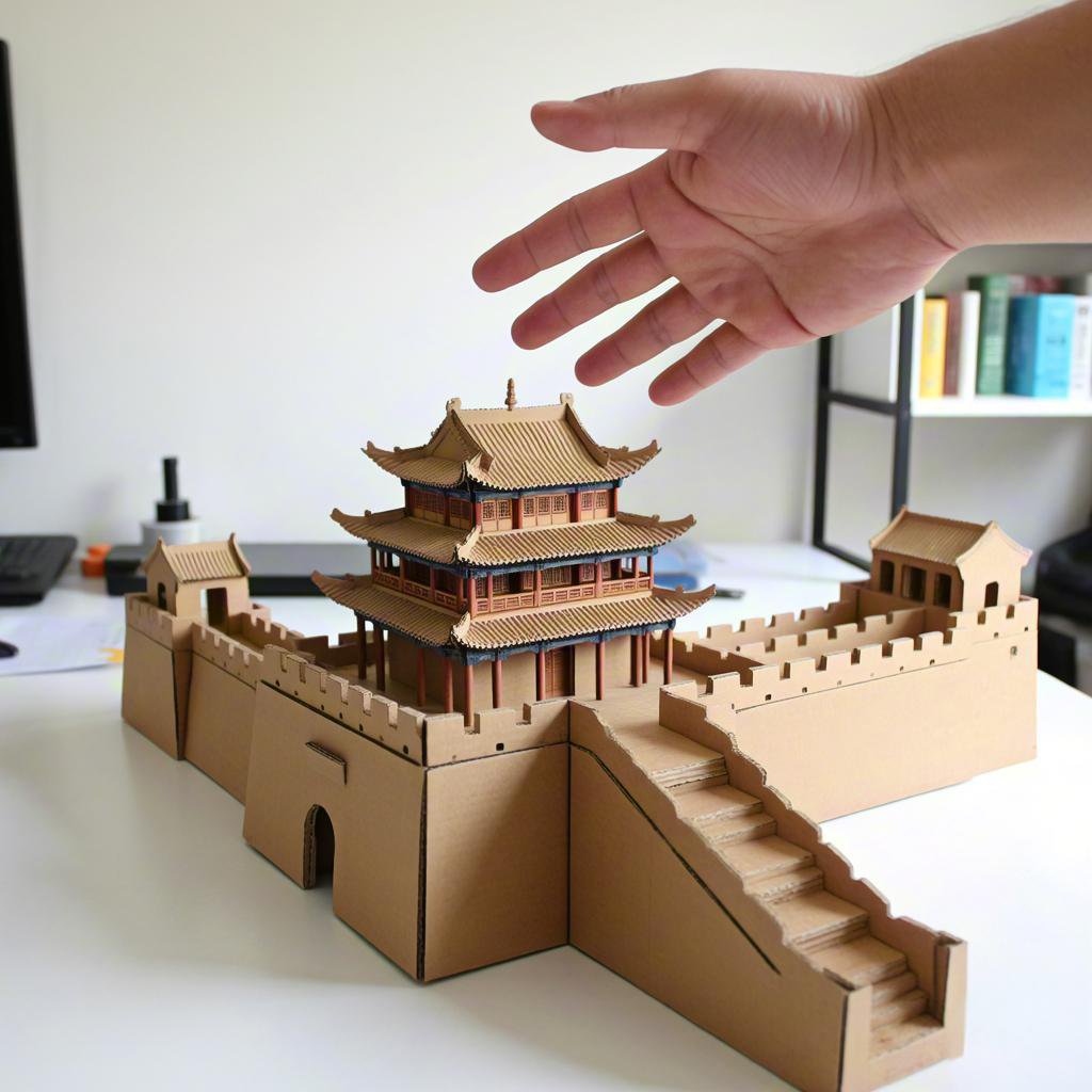 纸板嘉峪关模型,手轻轻触摸着中国风建筑模型,仿佛能感受到历史的韵味