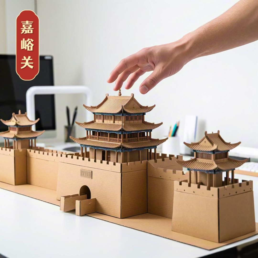 纸板嘉峪关模型,手轻轻触摸着中国风建筑模型,仿佛能感受到历史的韵味
