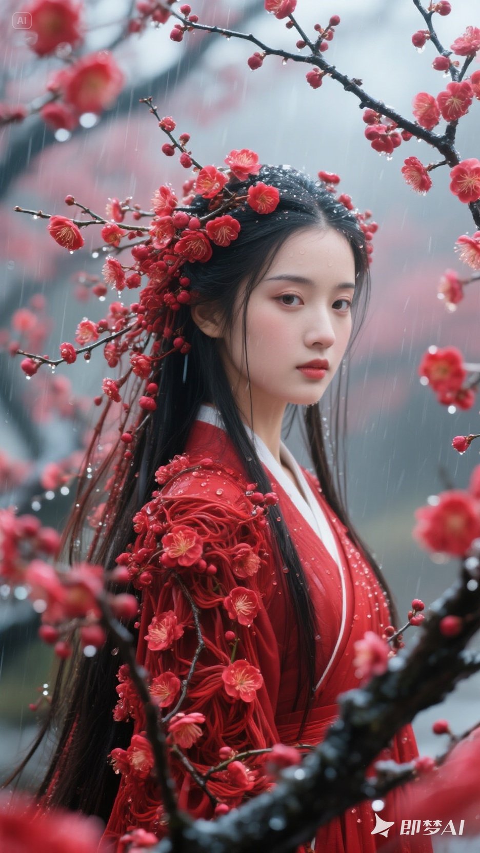 花神漂亮美女图片竖屏踏血寻梅穿红衣手拿梅花女子图片红衣仙女的图片