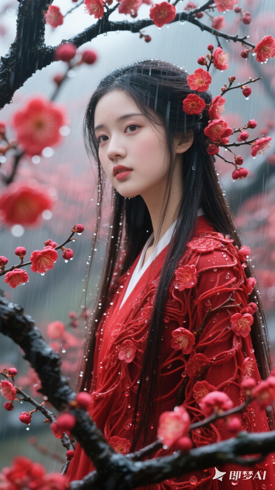 符   月兔乖巧依偎 红梅花瓣点缀它的踏血寻梅穿红衣手拿梅花女子图片