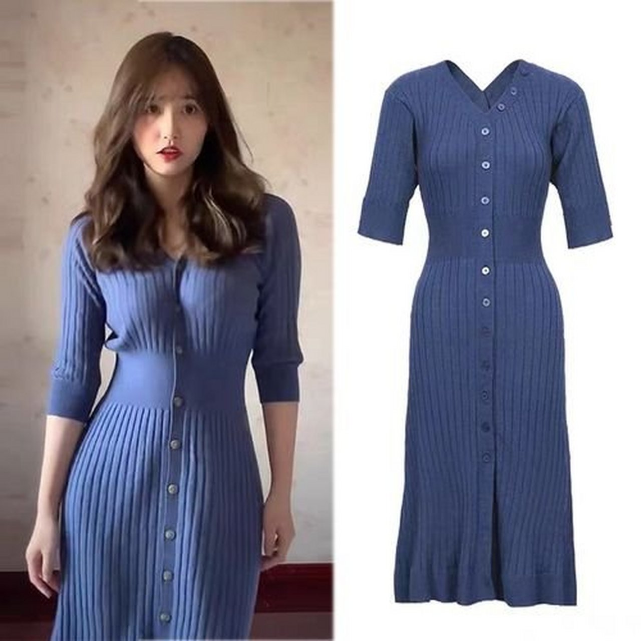 女明星出街标配# 蓝色战袍针织螺纹收腰身材条件也非常重要,前后凹凸