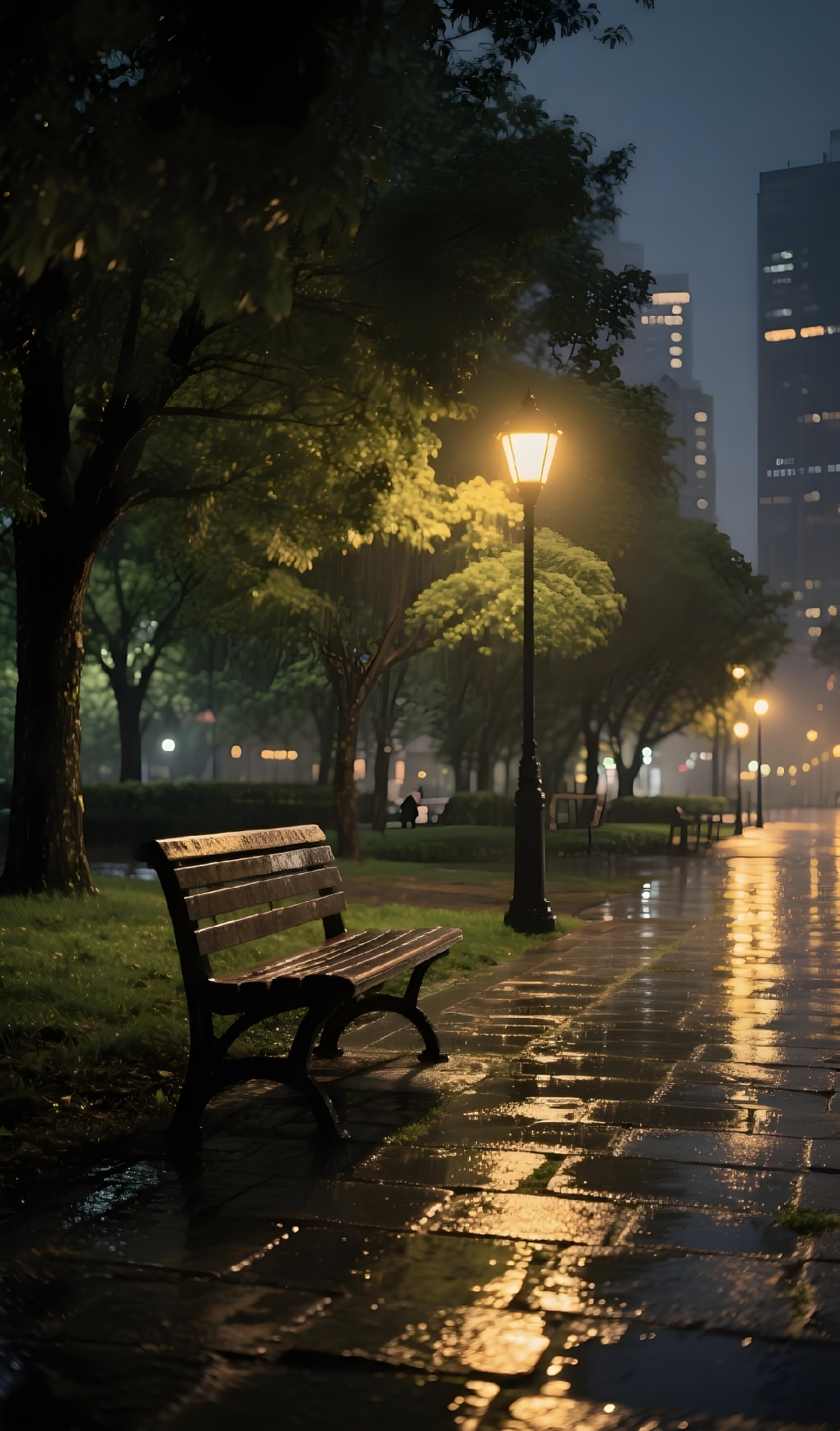 雨夜的公园,路灯晕染暖黄光晕,长椅静候,树影在湿润的砖石路上斑驳