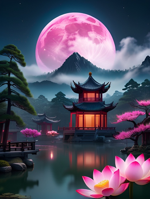 夜幕降临,月光倾洒,古风庭院灯火阑珊处,静谧美好.