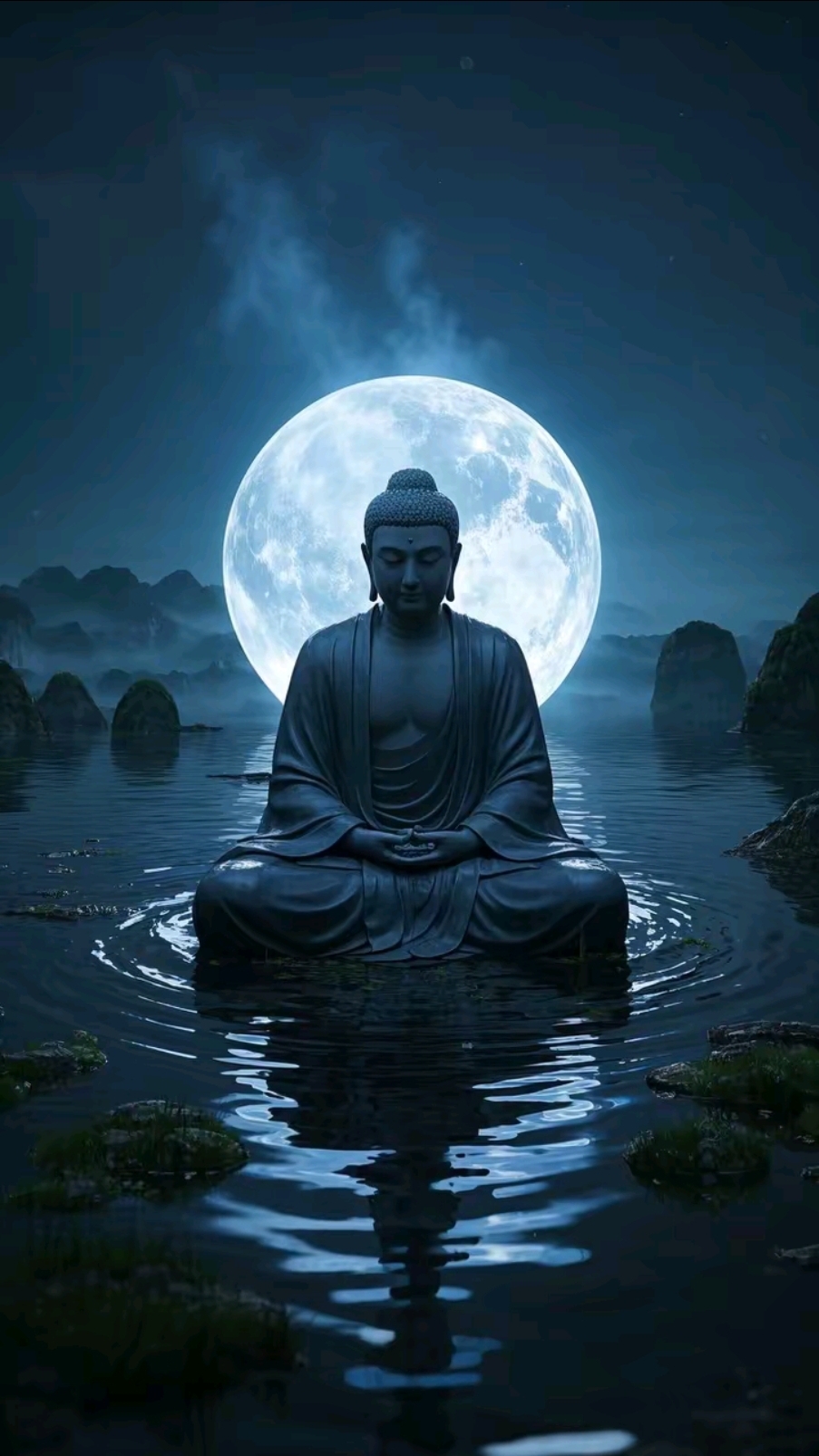 高能量壁纸:佛祖月下悟禅,安心定性,去除杂念,今晚的月光下,坐在水中