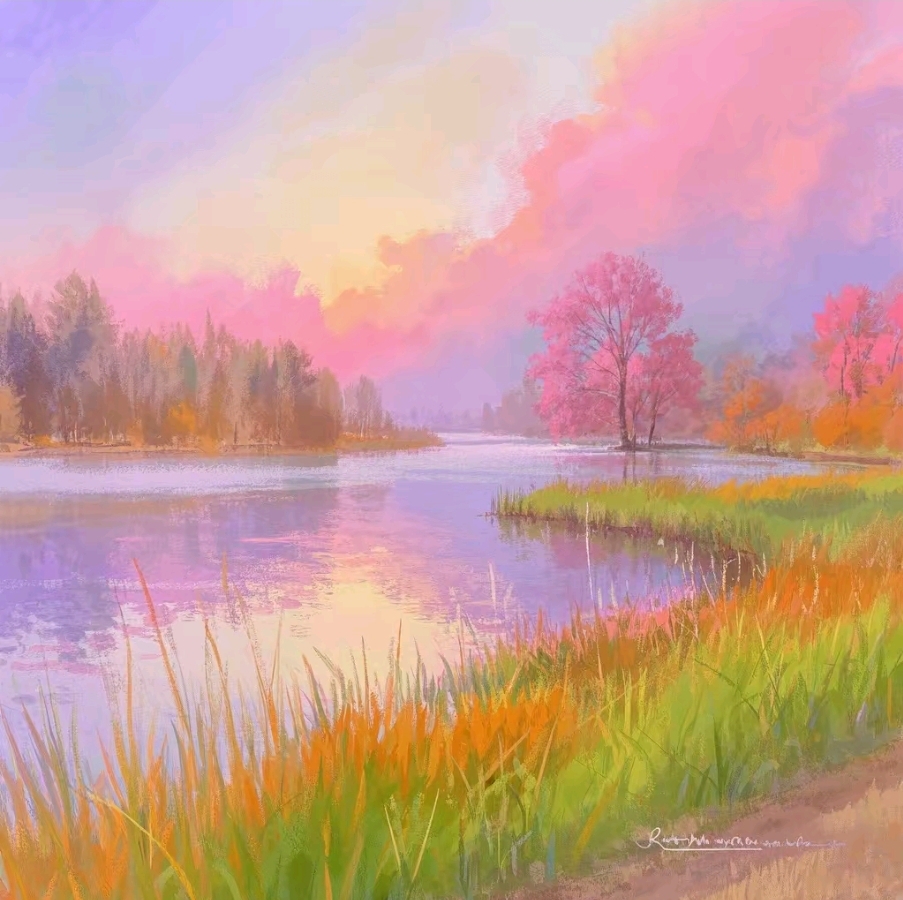 画粉色的卡通景色图片头像图片粉色系风景油画风景仙女人物风景头像