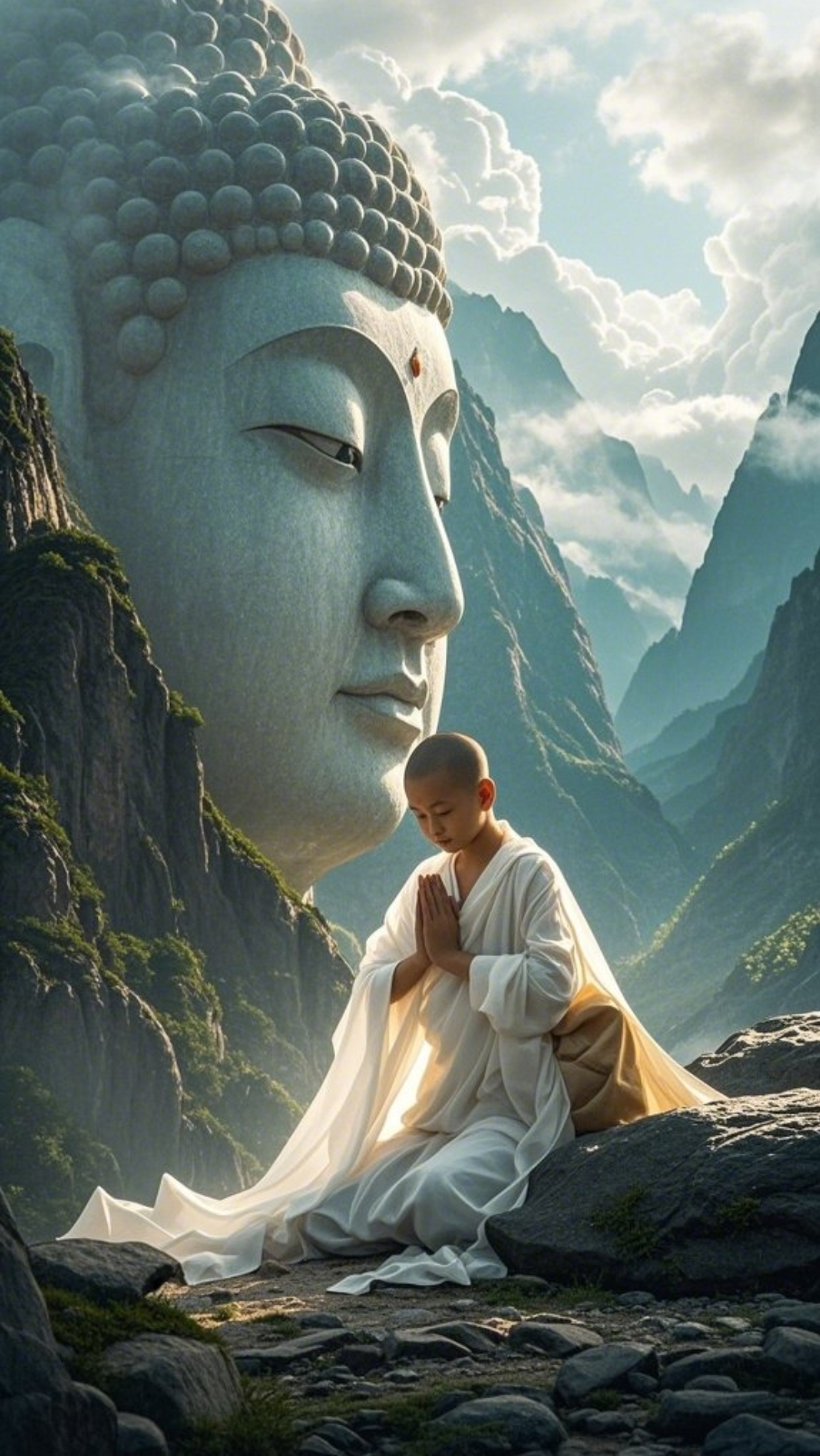 佛系壁纸:高能量壁纸,站在巨佛前,双手合十,感受那份庄严与宁静