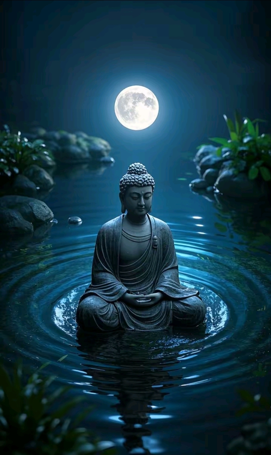 高能量壁纸:佛祖月下悟禅,安心定性,去除杂念,今晚的月光下,坐在水中