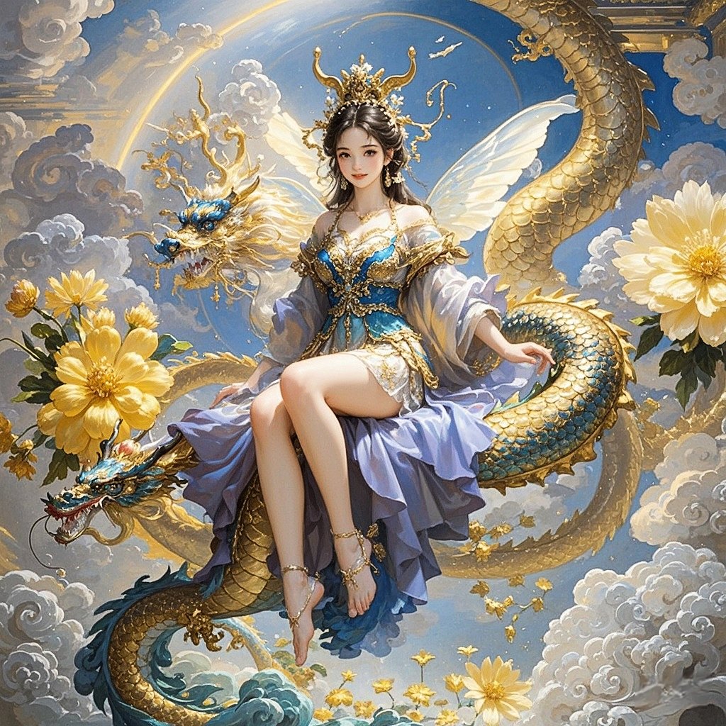 《三海经》四大圣兽之青龙,白虎与仙女相伴精美头像,云端之上共舞花香
