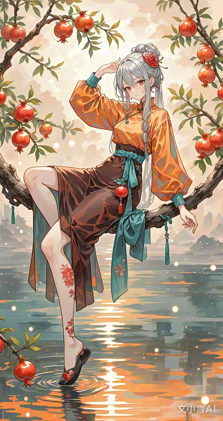 银发女子卧榴枝,眸光慵懒,尽显古韵风情.榴花轻颤,暗香盈袖