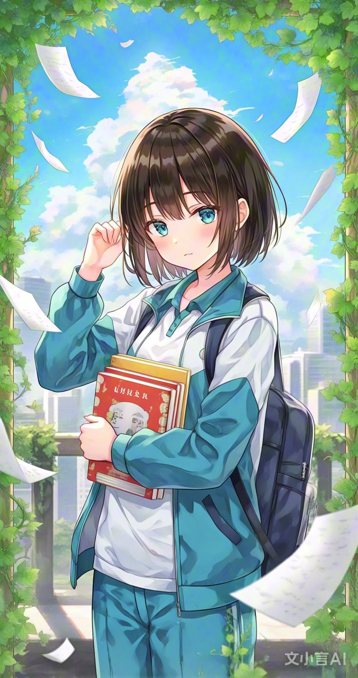 短发少女抱书立,绿蔓纸飞韵清逸