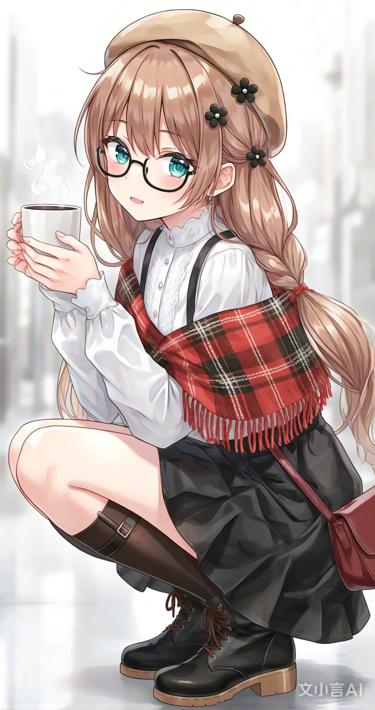 戴贝雷帽的眼镜少女,捧杯静思,尽显温婉.暖阳轻抚书页,时光悄然定格