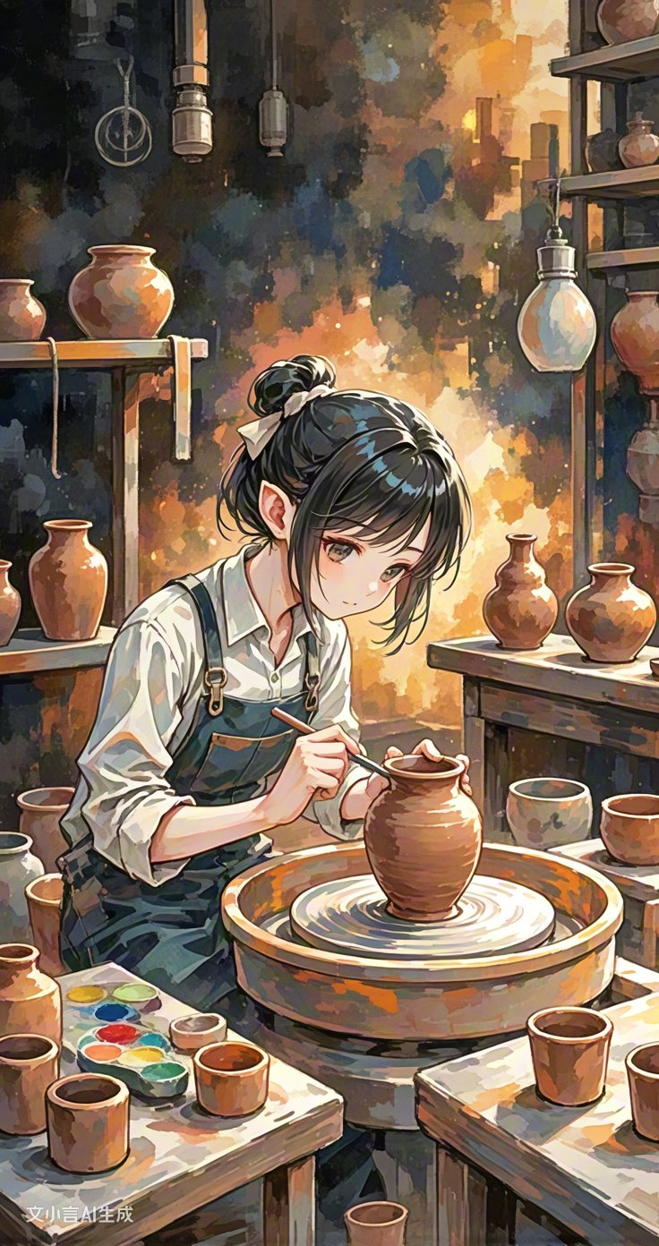 周围的陶罐似在静静守望,见证着这平凡泥土在少女手中蜕变为艺术品的