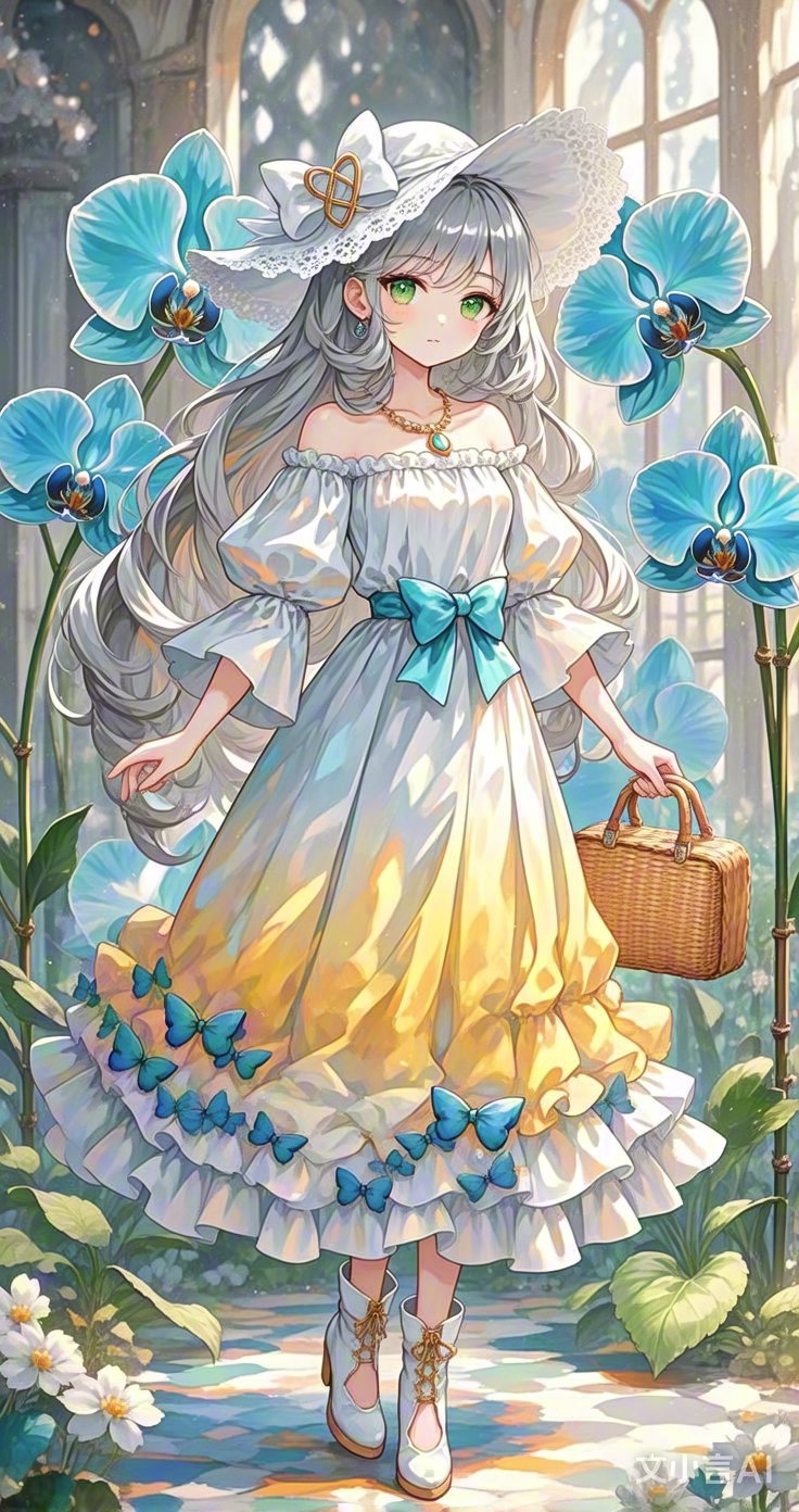 银发少女立兰丛,露肩裙俏,宛若花中精灵.风拂发梢舞,暗香盈袖飘