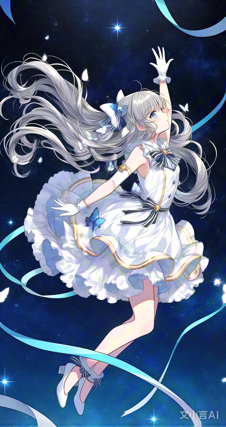 ai创作动漫女孩跳舞少女卡通梦幻唯美银发星空少女夜色跳舞女孩动