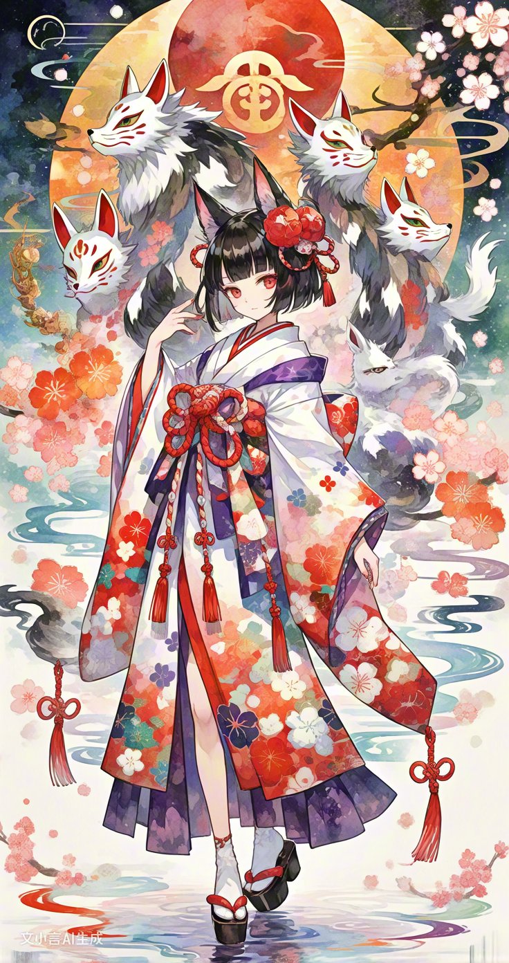 她明眸善睐,发间红花娇艳,身旁狐面灵动.和服上繁花似锦,流苏摇曳