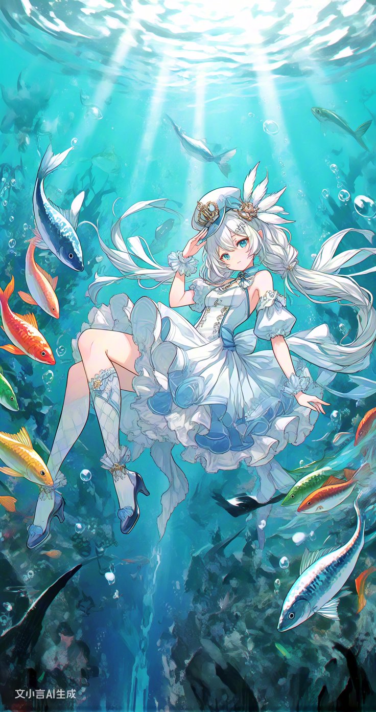 在幽蓝深邃的海底世界,一位身着蓝白华服的少女如精灵般翩跹