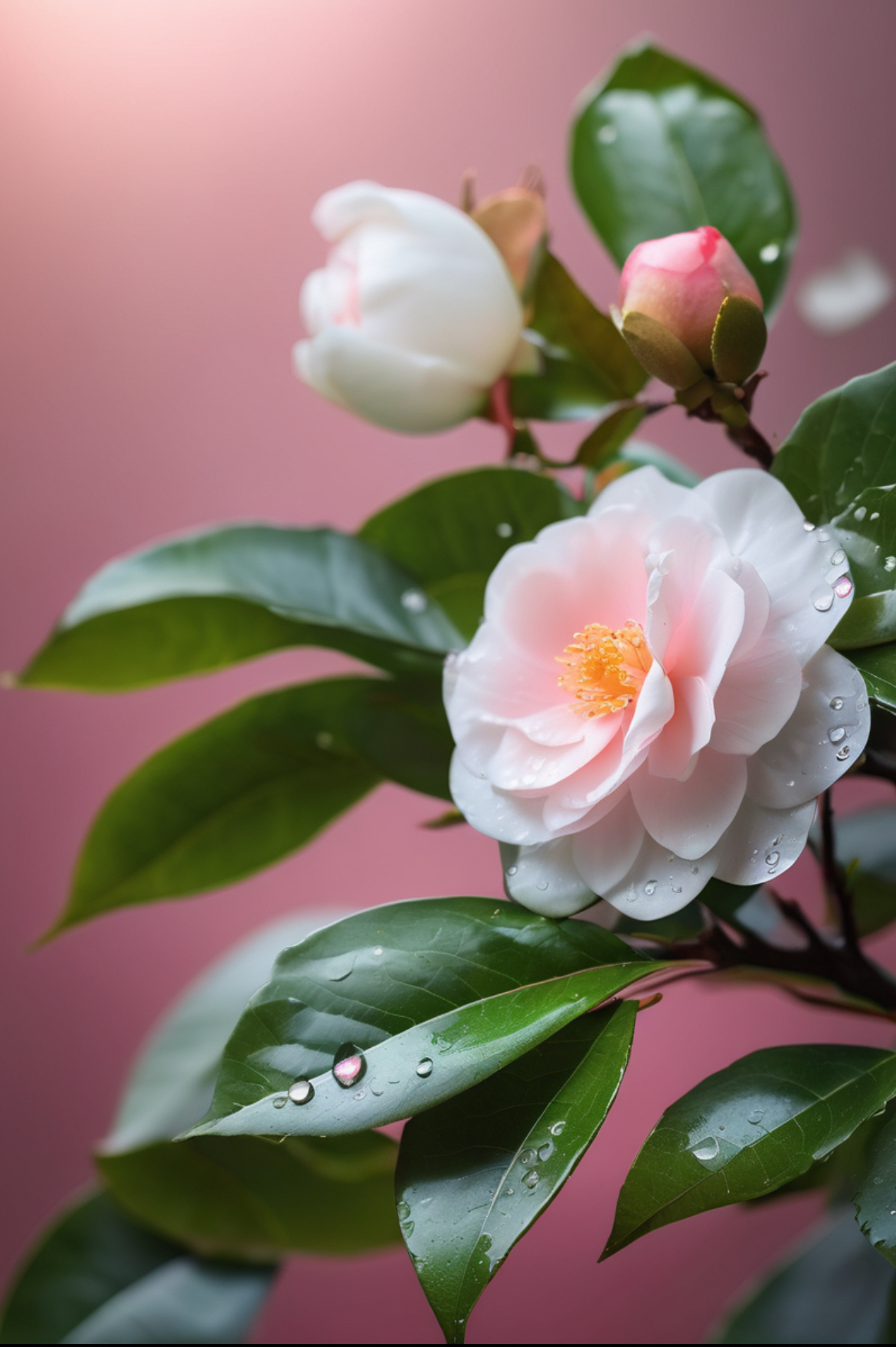 雨露润泽下的粉白茶花