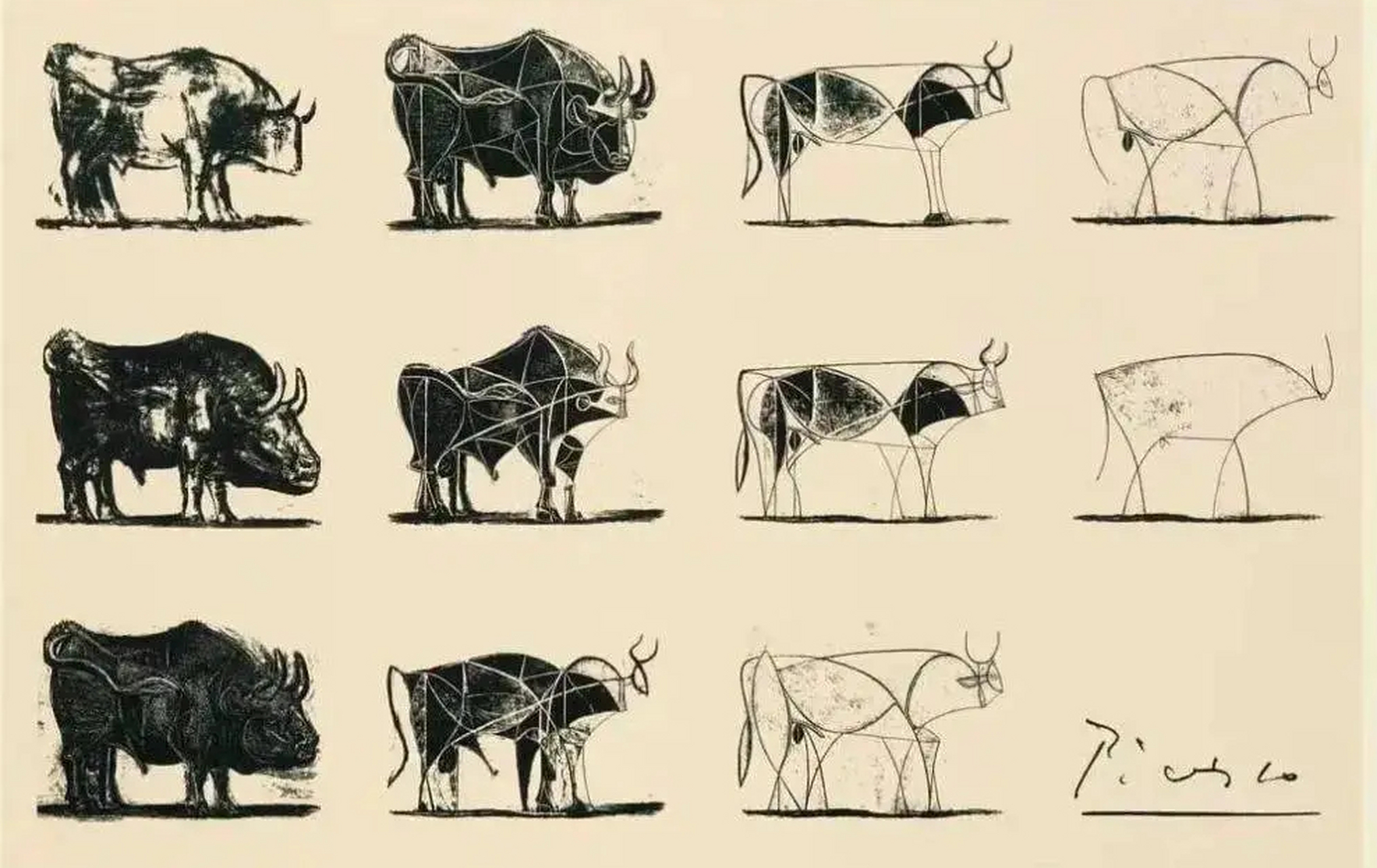 毕加索1945年创作的《公牛》,通过十一次易稿将公牛解构,最终剥离多余