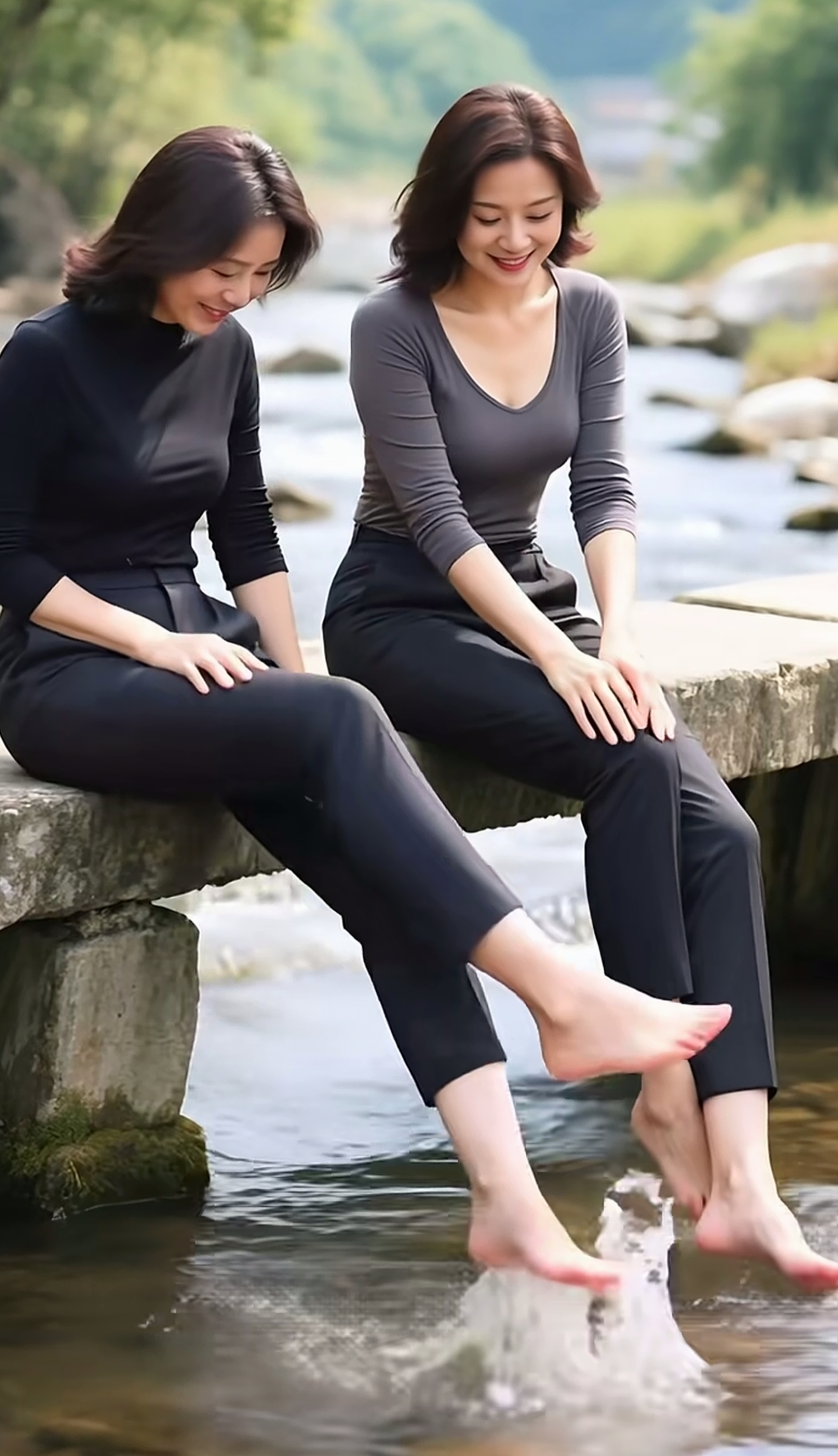 她们并排坐在河边的青石上