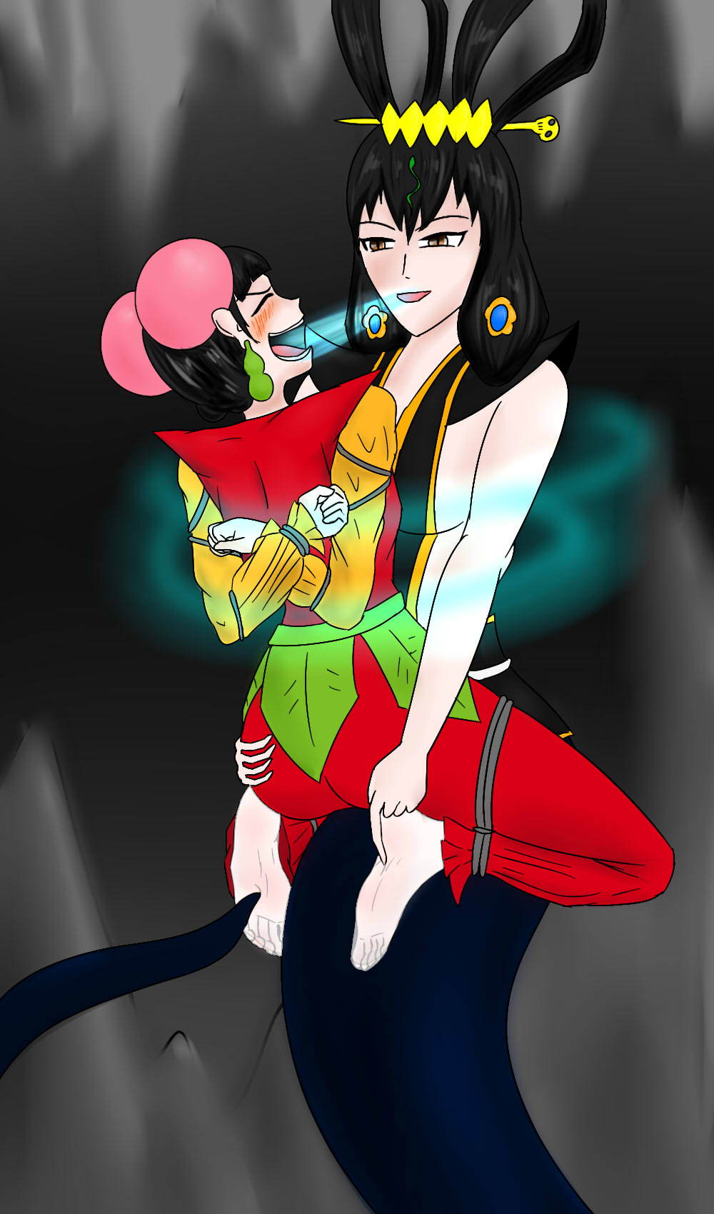 七位葫芦妹心意相通,合为一体,化身为力大无穷的葫芦金刚妹,与狡猾的