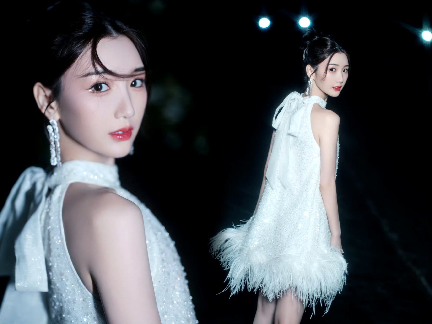 毛晓彤穿白色亮片裙子,特别美丽动人.