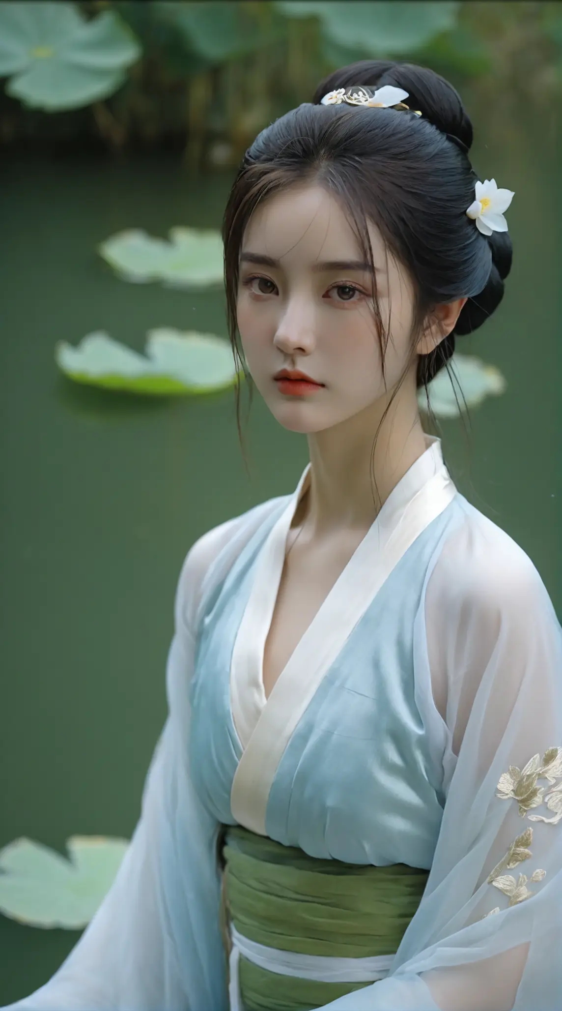 动态创作节##养眼美女#  古装丽人 荷塘边,轻风拂过,她的服装古朴雅致