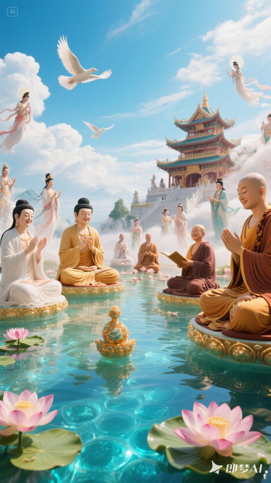 净土庄严愿力深,称名念佛涤尘心. 万缘放下归一念,莲绽华池见佛金