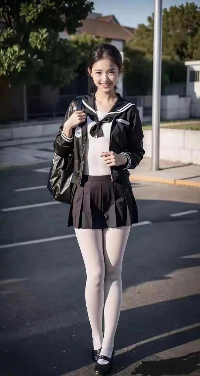 白丝校服小姐姐,街头漫步春日里.