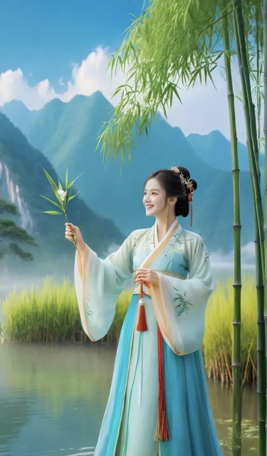 窈窕古装女, 徜徉翠竹间.  空气特清新, 女子好心情.