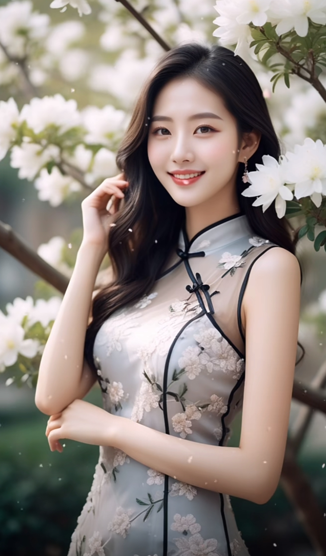 在这张白色花朵前的瞬间,她宛如一位古典美人,静谧而优雅.