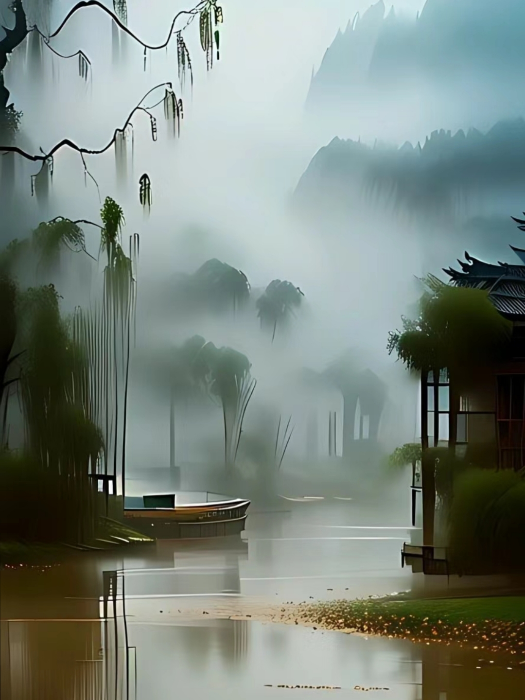 国画之美 树木画水图片诗意图片山水一叶扁舟卷画帘如黛如墨的意思