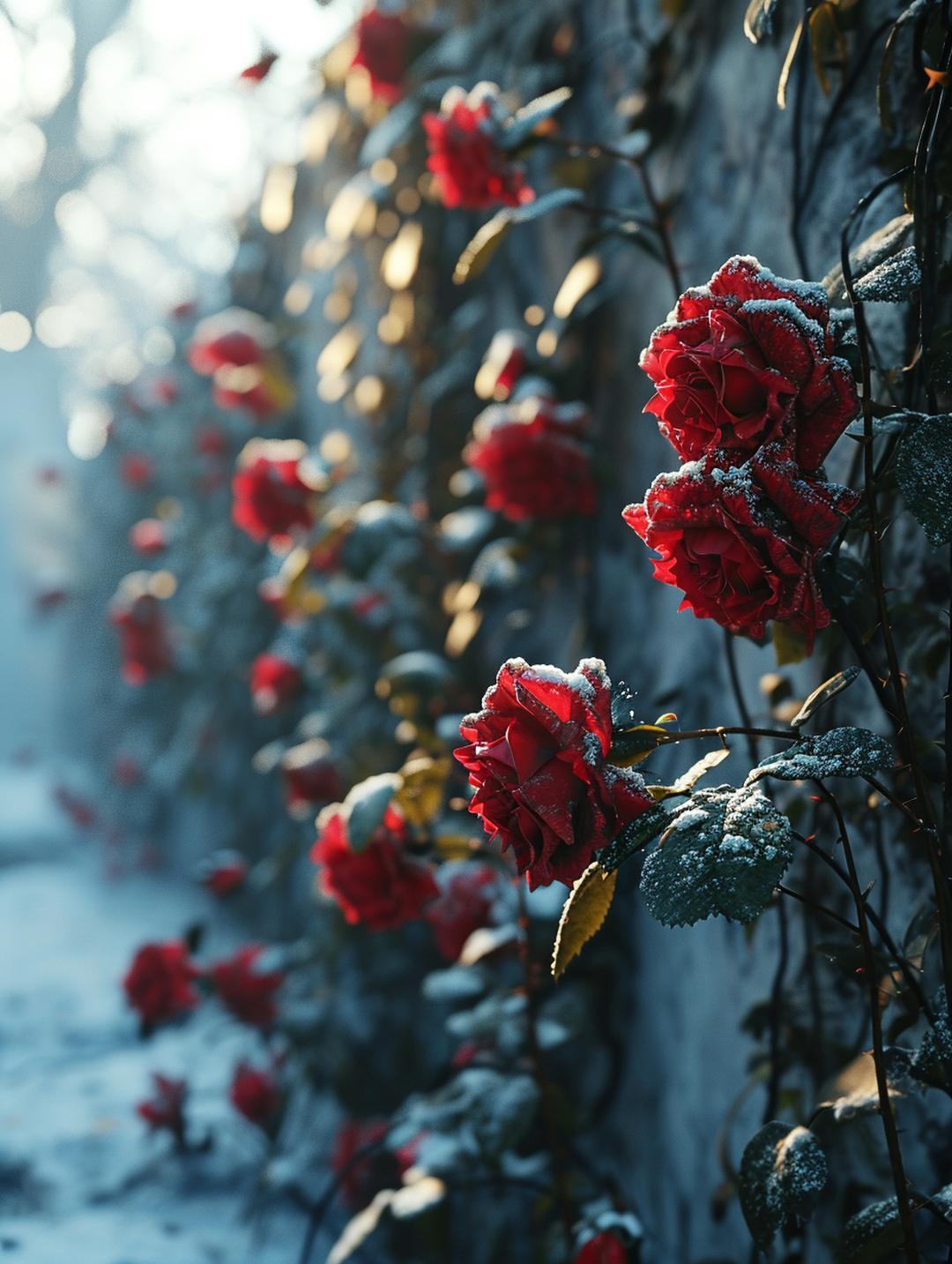 7615  白雪皑皑,却有红玫瑰绽放其中,傲然独立,似是对寒冷挑衅,又