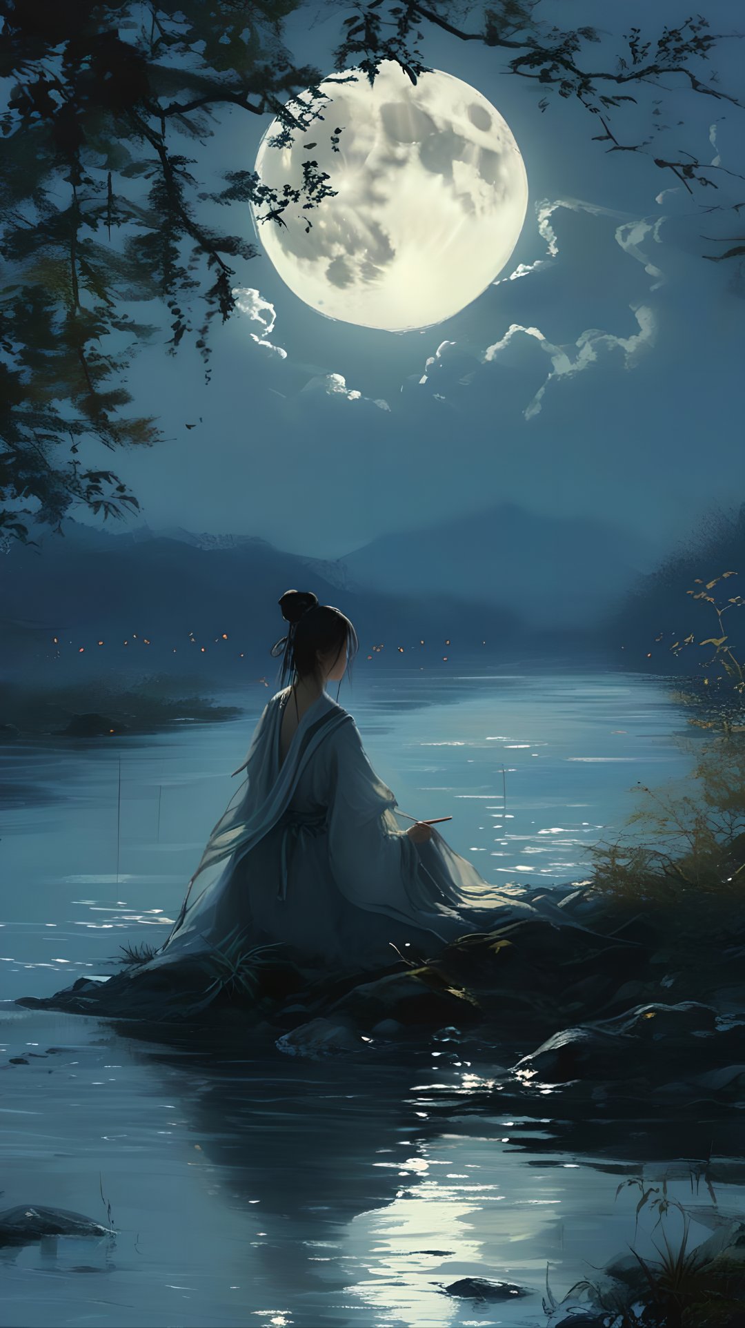 在一个月色如水的夜晚,一位女子独自坐在湖边的岩石上,她的