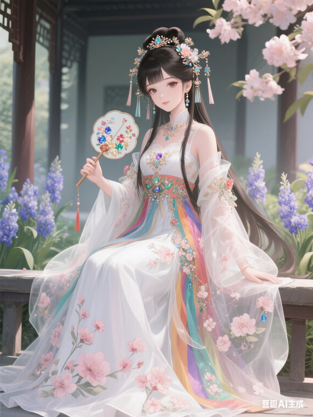 纯中国动漫风格,一位全身被奶脂色桃花花纹覆盖的女生,身着十锦色与雪