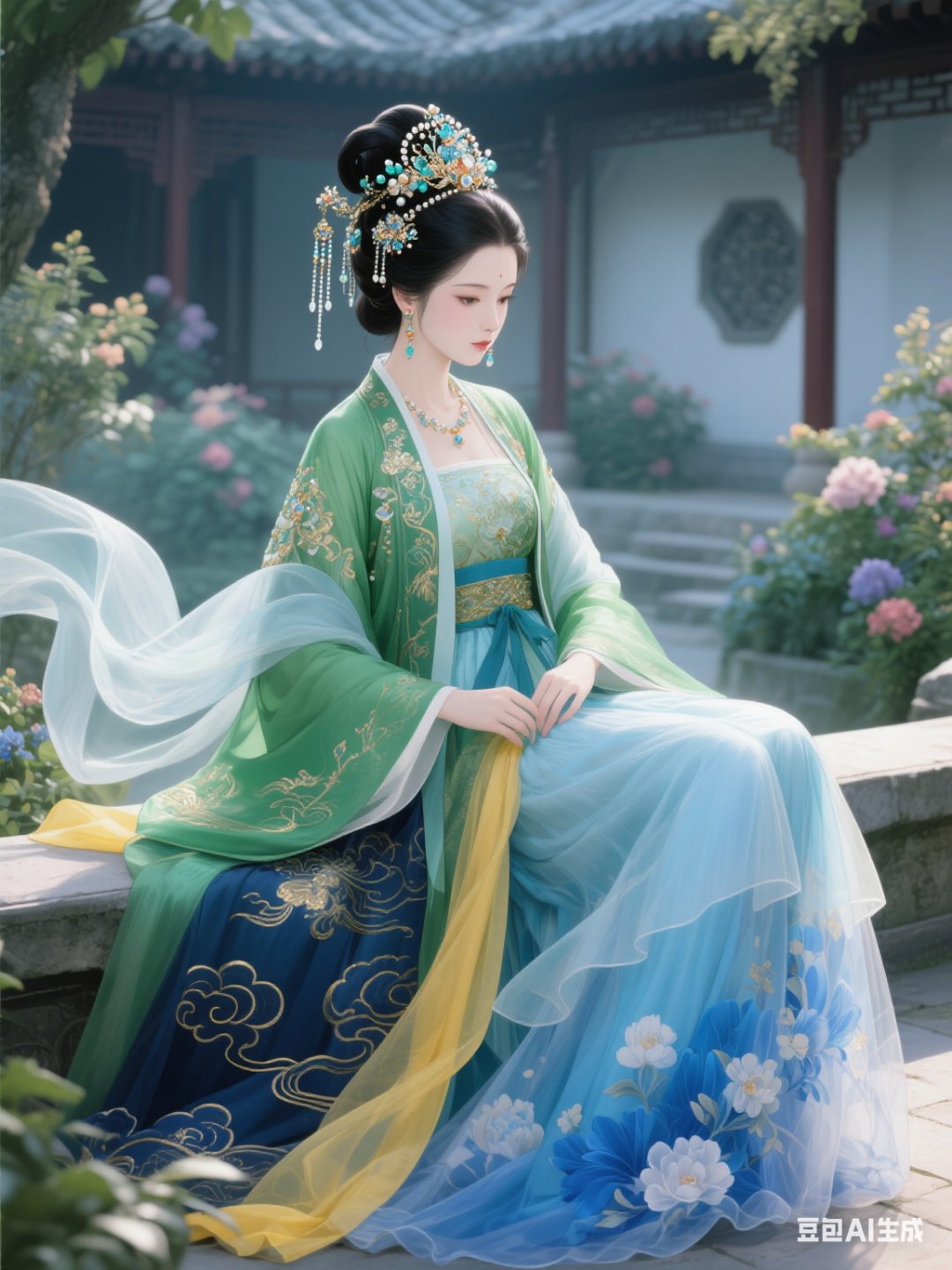 古装绿色古装华贵素色长裙古装盘发古代女装古风妇人装扮图片漫画古装