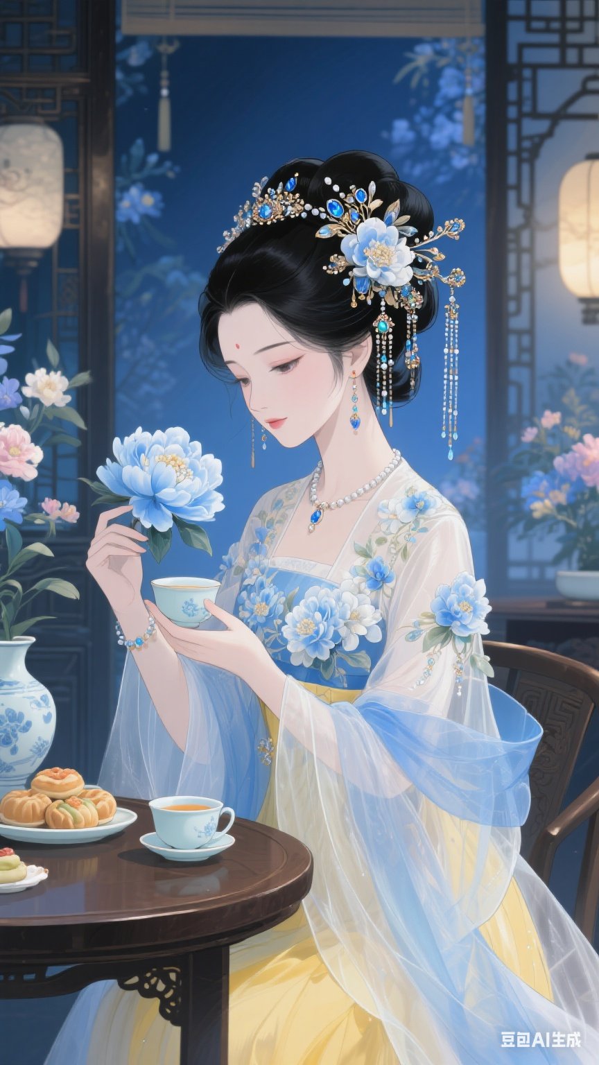 古典动漫风格绘制一位美丽的女子,她垂眸温柔,梳着黑色头发,头戴插有