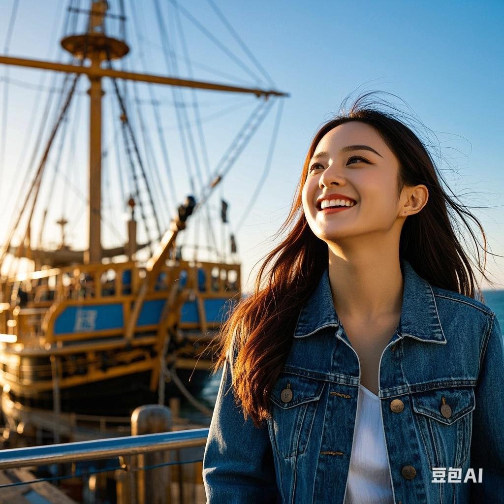 女孩笑容灿烂,站在海港边,眺望着远方的帆船,仿佛在期待着一场说走就