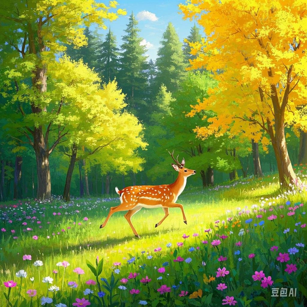 森林里的小鹿,奔跑在花间小径,阳光洒下来,美好得想让人屏住呼吸