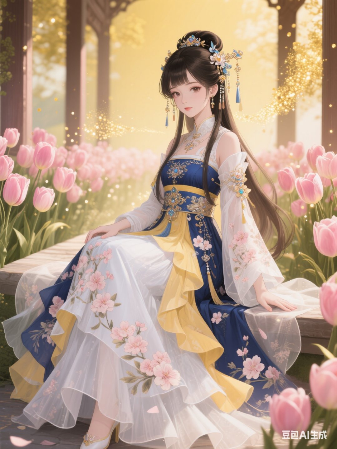 中国动漫风格,画面主体是全身布满桃花花纹的女孩