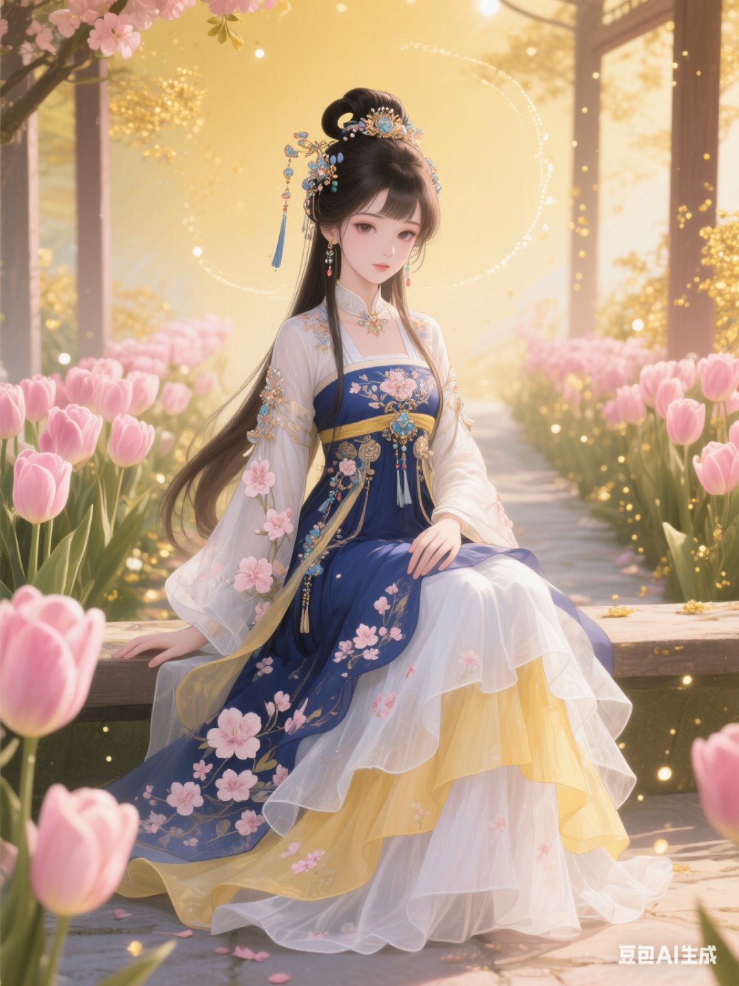 中国动漫风格,画面主体是全身布满桃花花纹的女孩