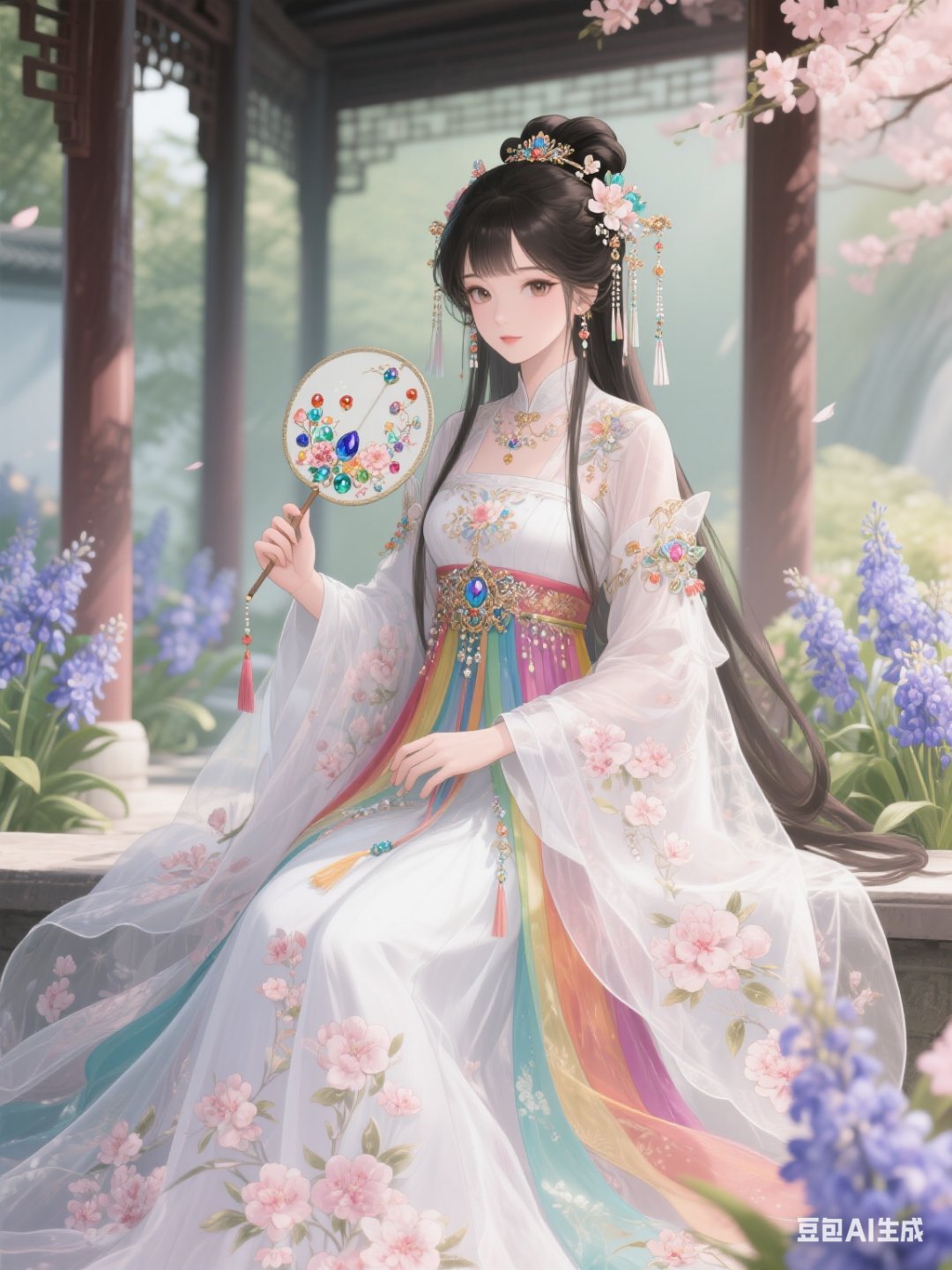一位全身被奶脂色桃花花纹覆盖的女生,身着十锦色与雪白色的古风大摆