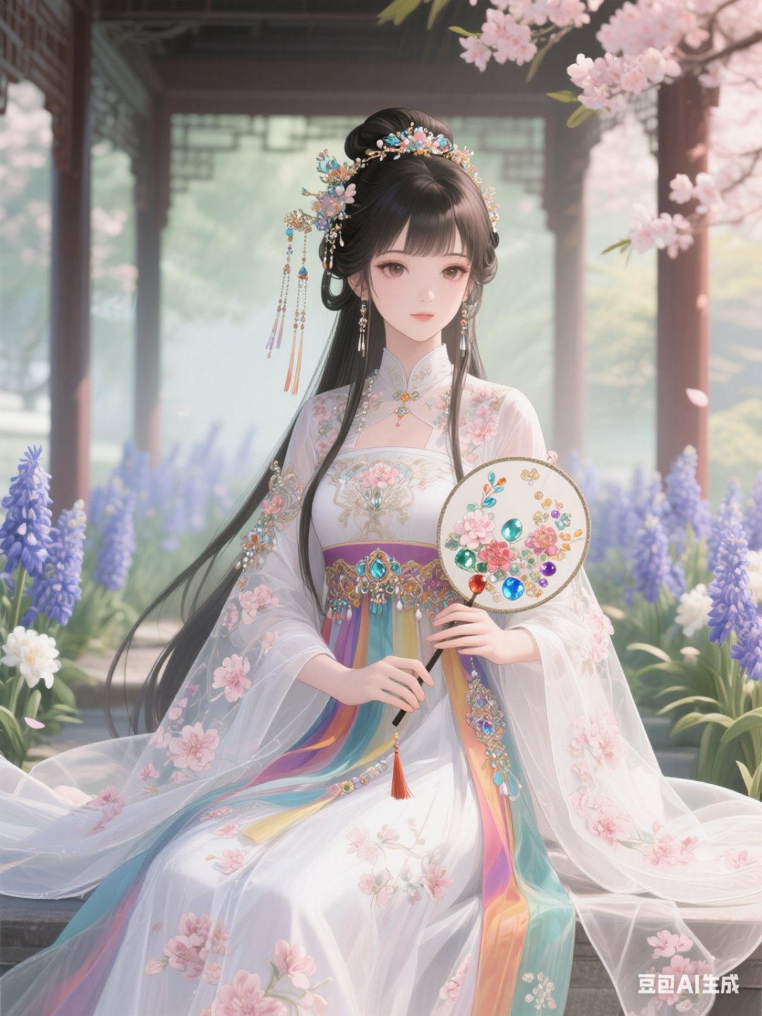 一位全身被奶脂色桃花花纹覆盖的女生,身着十锦色与雪白色的古风大摆