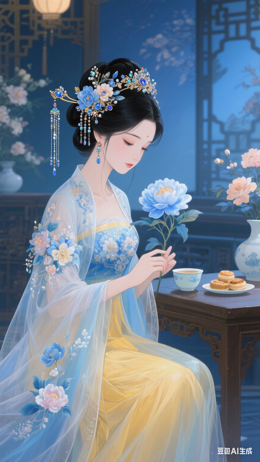 古典动漫风格绘制一位美丽的女子,她垂眸温柔,梳着黑色头发,头戴插有